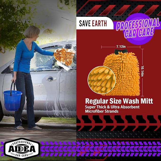 AIDEA Car Wash Mitt Microfiber, 1PK, Car Wash Brush, 7.12''X10.14'' | Scratch Free Lint-Free, Premium Chenille Microfiber Mitt, Regular Size, Orange