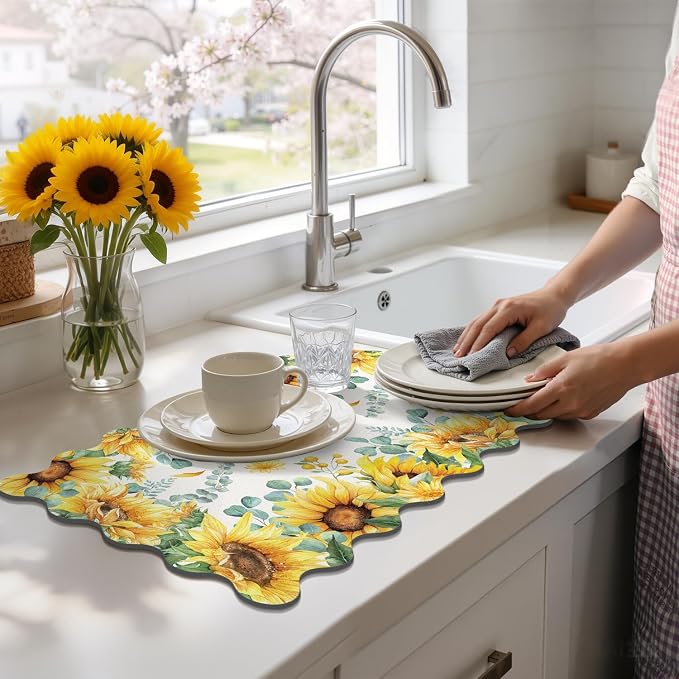 LOKHOM Scalloped Floral Dish Drying Mat, 12"x20" Super Absorbent Coffee Mat with Watercolor Yellow Sunflowers, Cuttable Hide Stain Non-slip Drying Mat for Kitchen Counter Coffee Maker Espresso Machine