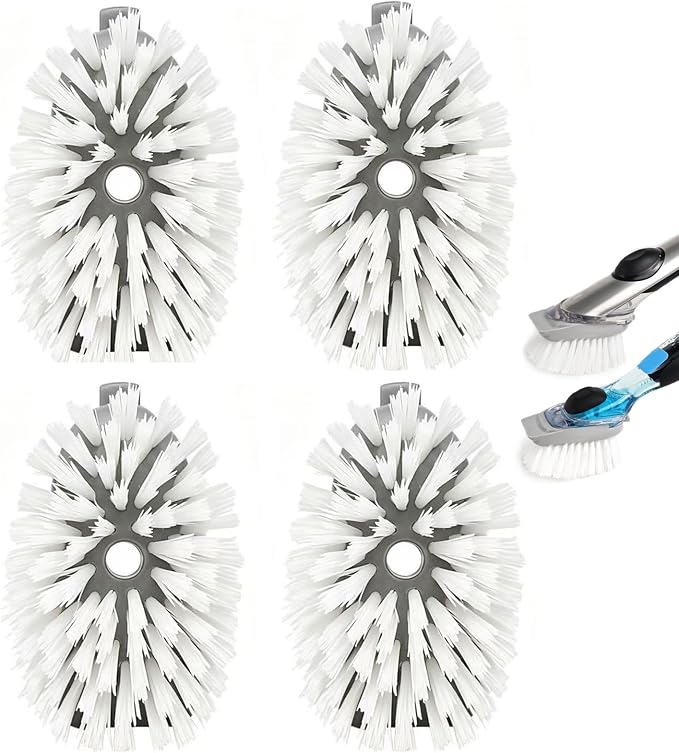 Dish Brush Refill Head 4 Pack Compatible with OXO Dish Brush Head | Stiff nylon bristles, built-in scraper, twist-to-replace mechanism, durable plastic, for soap dispensing models