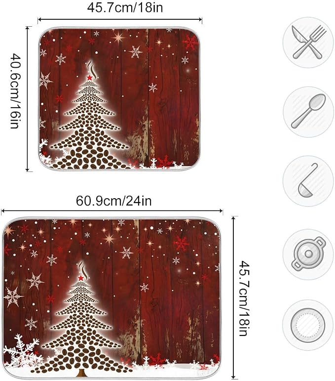 Christmas Tree With Coffee Beans Dish Drying Mat for Kitchen, Absorbent Microfiber Drying Pad Dish Mat, 24" X 18"