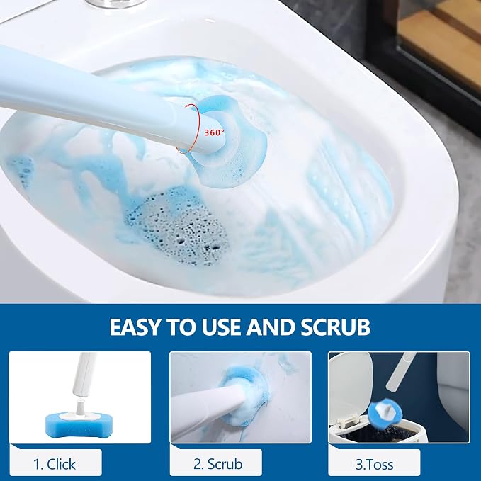 Disposable Toilet Brush and Holder Set with 112 Toilet Bowl Wand Refills | Wall-mounted Toilet Scrubber Kit-16.81" ABS Handle&Holder, 112 Sponge Brush Heads for House, Apartment, RV Bathroom Cleaning