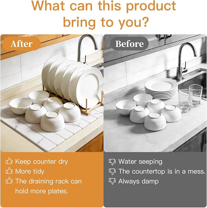 Stone Dish Drying Mat for Kitchen - Diatomaceous Earth Drying Mats | White Color, Counter Mats Quick Dry, Foldable Design, Super Absorbent, (24"×16"/ 8"x4" / 1 Drain Rack) , for Dishes Cups