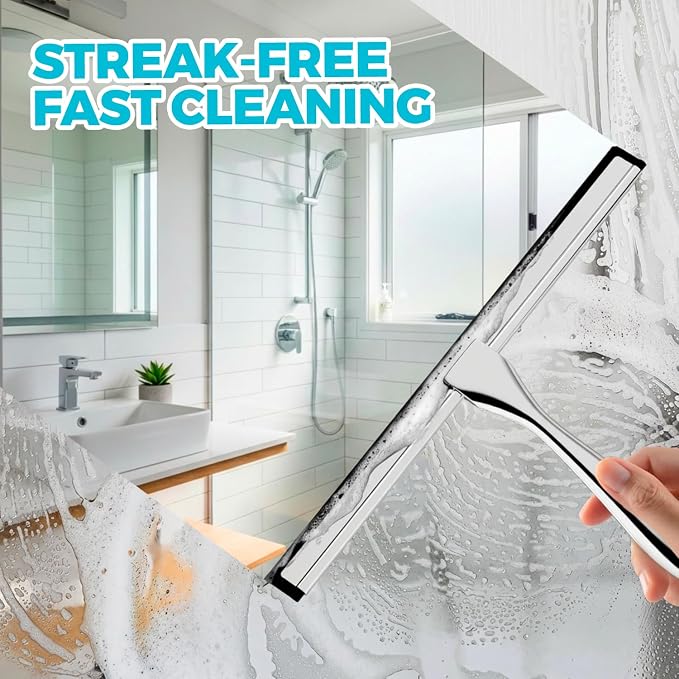 ALFLOD 2pcs Shower Squeegee for Glass Doors with Adhesive Hanging Hook Set | 12” silver, bathroom accessories, window cleaner, new home essentials, soft rubber blade, metal handle, ergonomic grip