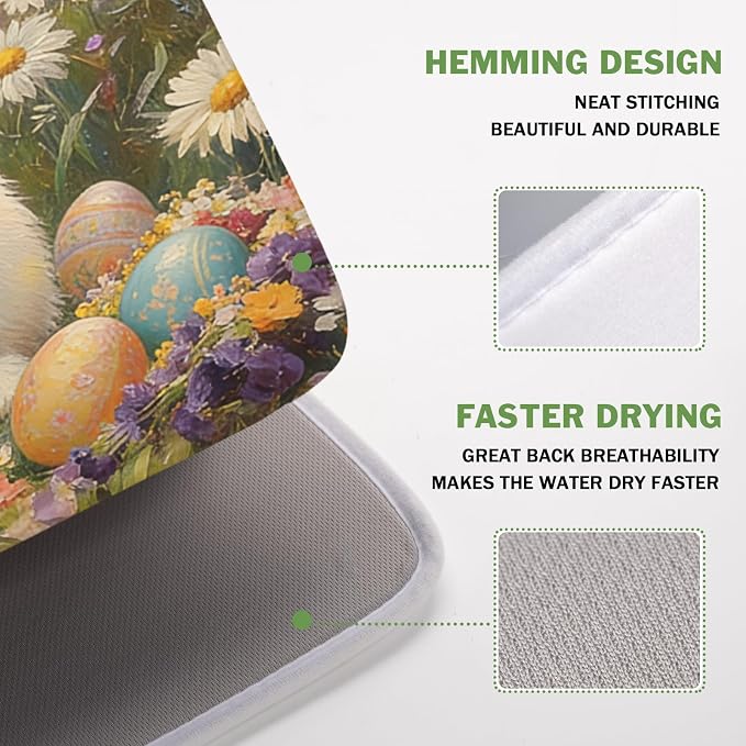 Easter Bunny Eggs Dish Drying Mat for Kitchen Counter 16 x 18 Inch Rabbit Floral Dish Drainer Mat Absorbent Microfiber Dish Rack Pad for Spring Holiday Coffee Dining Bar Decor