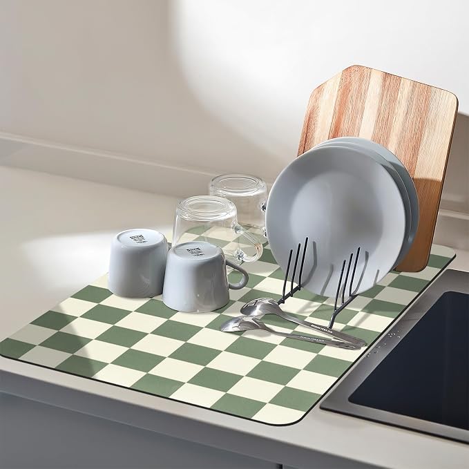 Dish Mat Drying Kitchen Mat, ,16"x 24" Super Absorbent Kitchen Dish Drying Pad for Countertop, Easy to Clean Drainer Mats with Non-slip Rubber Backed for Kitchen Counter,Green Checkered