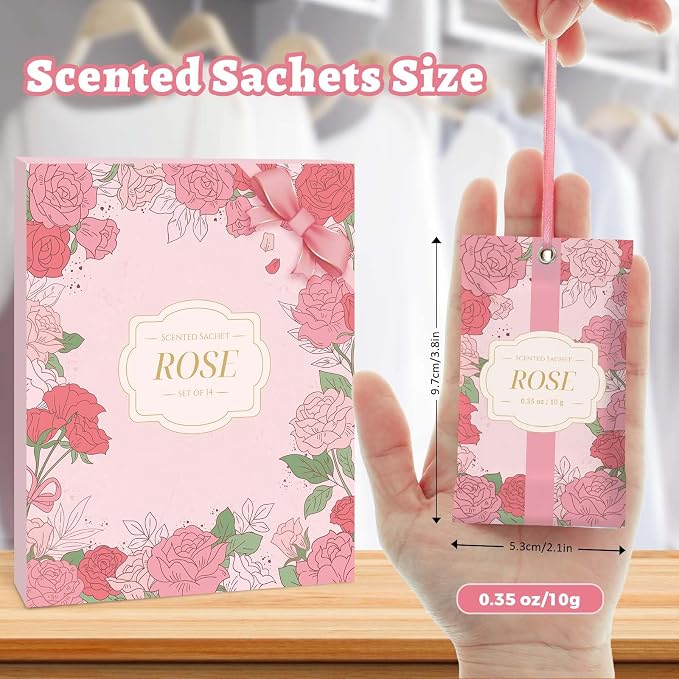 STRN Scented Sachets for Drawer and Closet, Rose Scent 14 Pack for Home | Long-Lasting Sachets, Small Space Air Freshener for Wardrobes