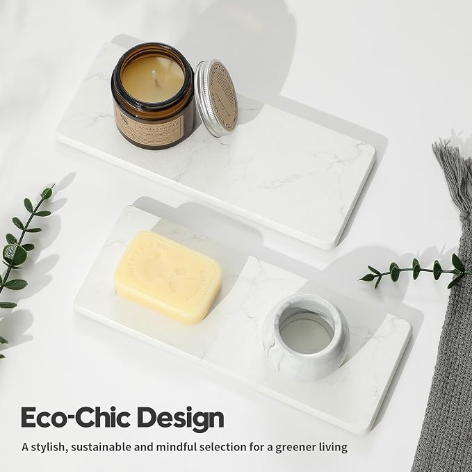 2PCS Water Absorbing Stone Drying Tray for Kitchen Counter & Bathroom Sink, Diatomite Faucet Splash Guard, Soap Dispenser Rack & Sponge Holder Caddy Organizer, Marble White (Printed Pattern), 9"x 3.5"