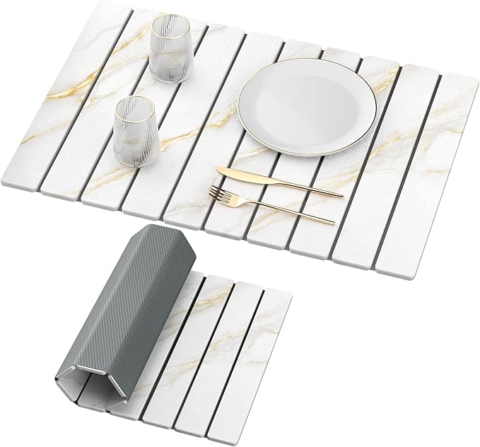 Yofidra Large Stone Dish Drying Mat for Kitchen Counter, Quick Dry Stone Mats with Absorbent Diatomaceous Earth, Foldable Roll Up Drying Organizer Pad for Utensils Plate, 24"×16", White Gold Marble