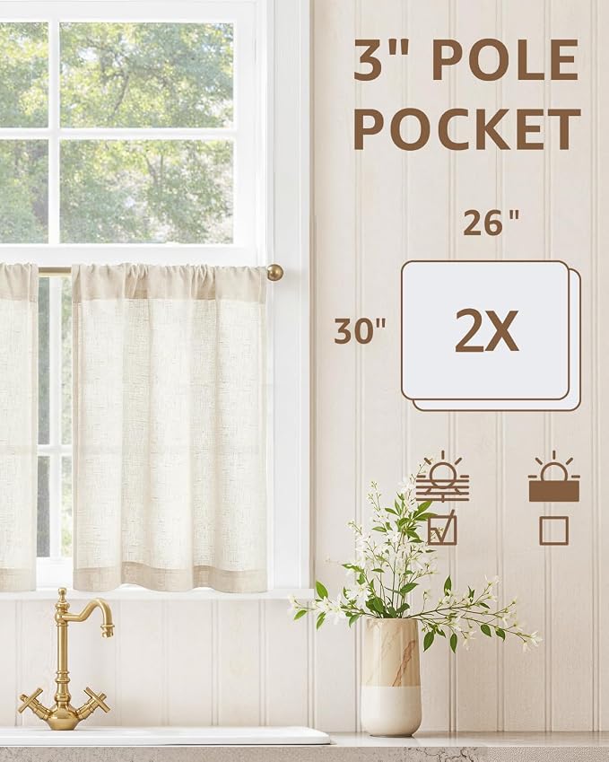 jinchan Rustic Linen Rod Pocket Tier Curtains, 26x30, 2 Panels, Natural | Light filtering, cafe curtains, machine washable, farmhouse, kitchen, bathrooms, laundry, small window, over sink