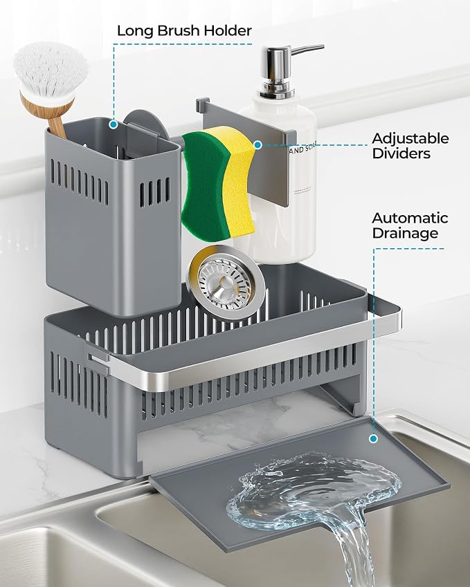 Nieifi Sponge Holder – Grey ABS Rust Sink Caddy with Towel Rack, 10.12" | Smiley sponge & brush holders with drainage to keep items dry. 4.5-inch depth. Kitchen counter organizer & essential storage.