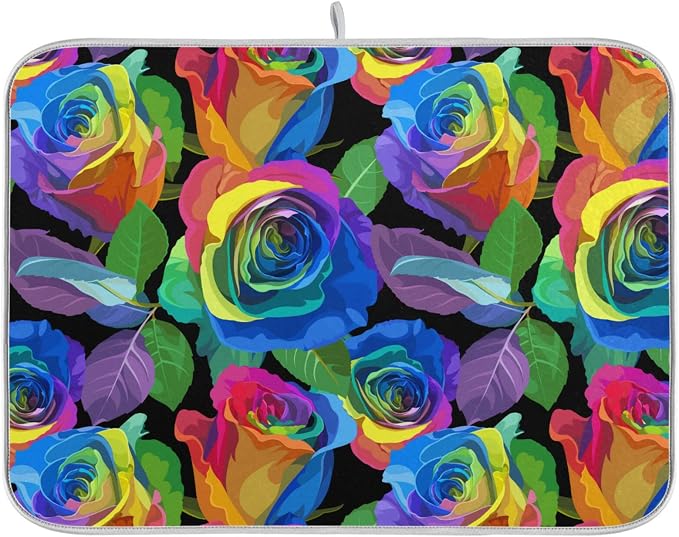 Absorbent Dish Drying Mat for Kitchen Counter - Colorful Rose Vintage Microfiber Drying Pad, Reversible Drainer Mats for Countertop, Small 16 x 18 inch