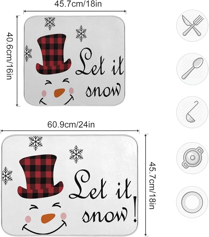 Super Absorbent Dish Drying Mat, Microfiber Fast-Drying Dish Mat, 24" x 18", Kitchen Dish Drying Pad, Watercolor Cute Christmas Winter Snowman