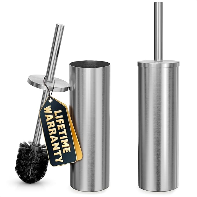 2 Pcs Stylish Stainless Steel Toilet Brush and Holder Set - Silver Toilet Bowl Brush and Holder with Splash Cover, Sturdy Bristles, Corrosion & Scratch Resistant - Elegant Design, Effective Cleaning