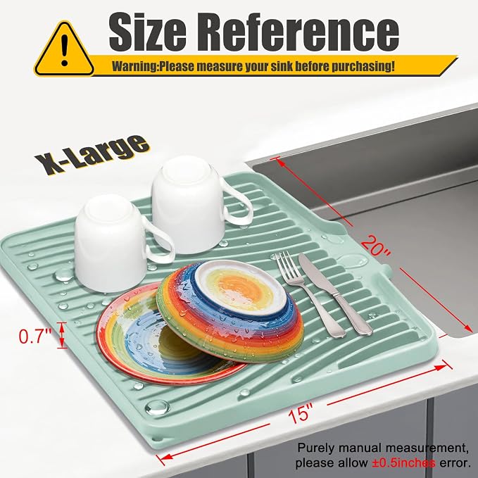 TIKNIK Silicone Dish Drying Mat for Kitchen Counter - Heat Resistant & Non-Slip Dish Drain Pad with Built-In Drain, Dishwasher Safe, Quick-Dry, Hangable & Roll-Up for Storage, Mint-1pcs, 20" x 15"