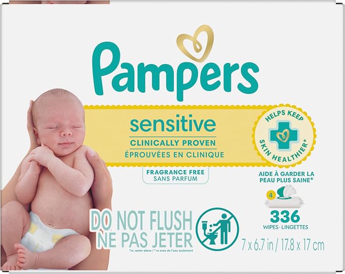 Pampers Sensitive Baby Wipes, Clinically Proven, Fragrance Free, Unscented, Water Based, Hypoallergenic, Multi-Use, Hand Wipes 336 Wipes Total (6X Flip-Top Packs) [Packaging May Vary]