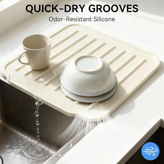 Silicone Dish Drying Mat, Drainage Spout, Extra Thick | Extra Thick 1.1" Silicone Mat , Drainage Spout , Heat Resistant Counter Protector , Sink & Coffee Station Use