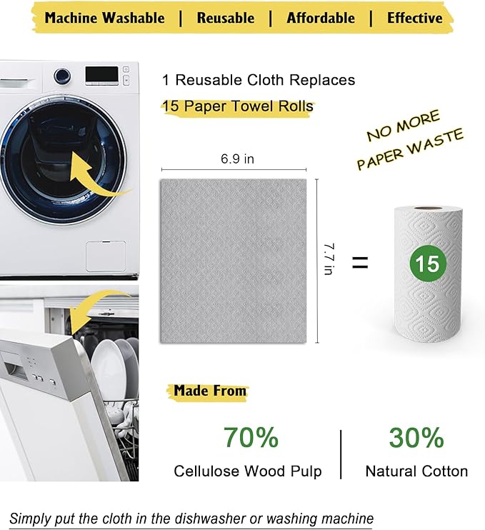 MoLKENE Swedish Dishcloths for Kitchen | 10 Pack Absorbent Cellulose Sponge Cloths Washable | Non-Scratch Reusable Paper Towels Quick Drying Cleaning Rag - Grey