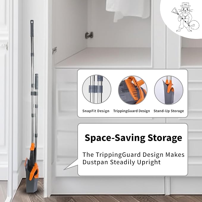Broom and Dustpan Set for Home, 51" Long Handle Standing Pan Grey Orange | Self-Cleaning Dust Pan and Brooms, ZeroGap Lip, Upright Storage Broom Combo for Kitchen Lobby Office Restaurant Indoor