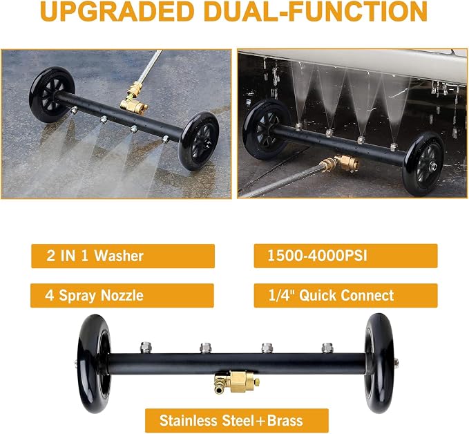 EVEAGE 2-in-1 Undercarriage Pressure Washer Attachment, 16" Power Washer Undercarriage Cleaner, Under Car Wash with Extension Wands Wash Mitt, Reversible Pressure Washer Broom Attachment, Black