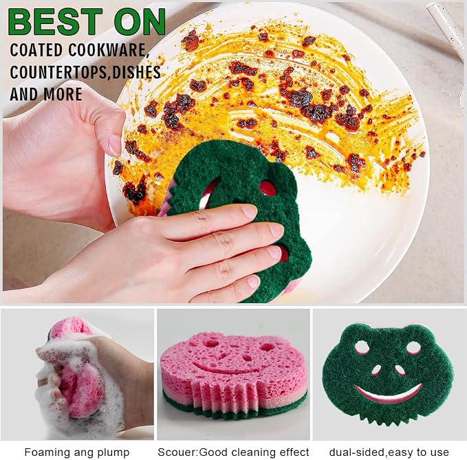 12 Pack Scrub Sponge,Bulk Sponges,Dual-Sided Multi-Functional Premium Cleaning Sponges,Dishwashing Sponge for Heavy Duty Scouring Pads,Bathroom,Dish,Furniture,Kitchen(Frog Shape)