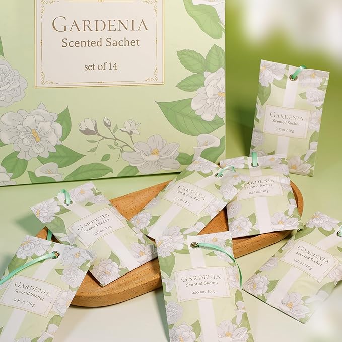 SCENTORINI Scented Sachets for Drawer and Closet, Gardenia Scent 14 Pack | Long-Lasting Sachets Bags Gift Set, Closet Freshener Sachets for Wardrobe Freshener, Cupboard, Suitcases, Handbags