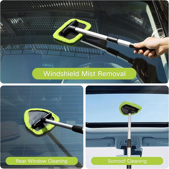 Qydipclin 11pcs Windshield Cleaner Tool, Car Window Cleaning Wash Kit with 6 Reusable Microfiber Pads 2 Spray Bottles and Extendable Handles Auto Glass Wiper Kit, Green