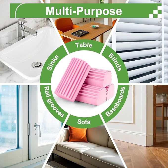 Jeymei Damp Clean Duster Sponge,4Pcs Pink Dust Sponge for Cleaning | Damp Dusting Sponge with Ridges,Baseboard Cleaning Tool,Reusable Wet Duster Sponge,Household Cleaning Sponges for Blinds