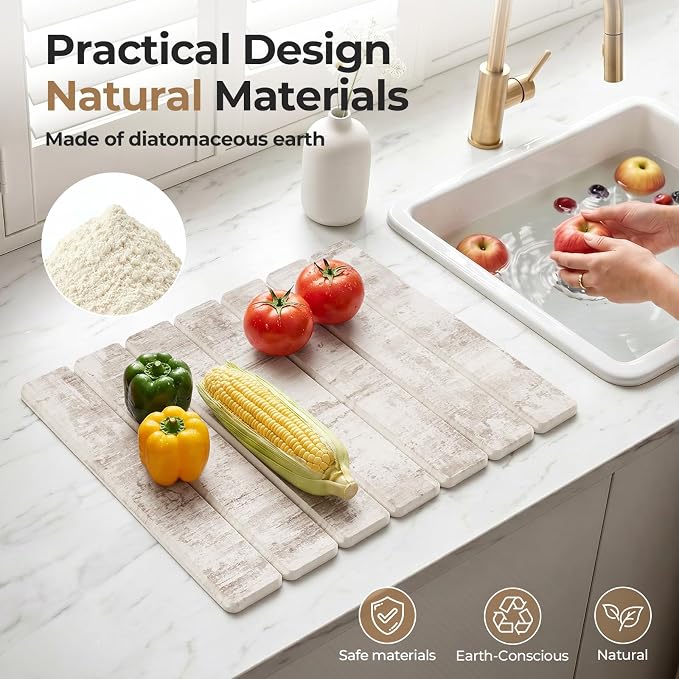 Findosom Stone Dish Drying Mat for Kitchen Counter, 15.7" × 11.8" Foldable Non-Slip Stone Drying Mat with Abstract Pattern, Heat Resistant Diatomaceous Earth Mat for Bath, Dishes, Cups, Beige