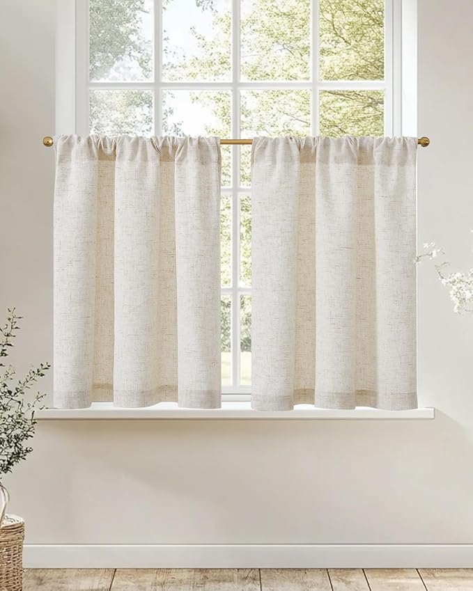 jinchan Linen Tier Curtains with Lined, 26x45, 2 Panels, Natural | Light filtering, rod pocket, cafe curtains, machine washable, small window treatment, cottage style, kitchen, laundry room
