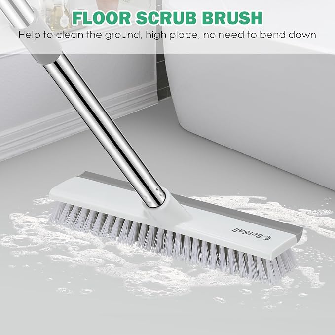 SetSail 12-in Wide Floor Scrub Brush with Long Adjustable Handle Brush | 2 in 1 Scrape Brush Stiff Bristle Floor Scrubber for Cleaning Shower Bathroom Garage Kitchen Wall Deck Tub Tile