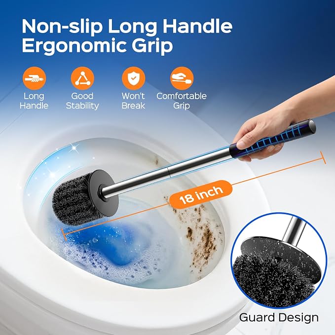 HAMITOR Toilet Brush and Holder Set: 2 Pack Stainless Steel Rustproof Kits with Deep Cleaning Bristles - Hidden Toilet Cleaner Scrubber for Homeowners - Compact Bathroom Accessories for Home RV Silver