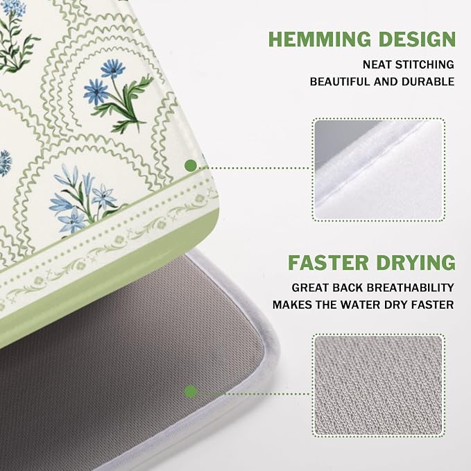 Blue Floral Print Green Stripe Dish Drying Mat 16 x 18 Inch | Rustic，Polyester，Absorbent Microfiber，for Kitchen Coffee Dining Bar Decor
