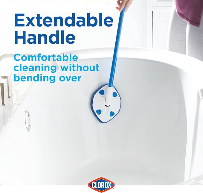 CLOROX Extendable Tub and Tile Scrubber (Pack of 2) with Extra Pad - Plastic Head, Blue, Tile Surface