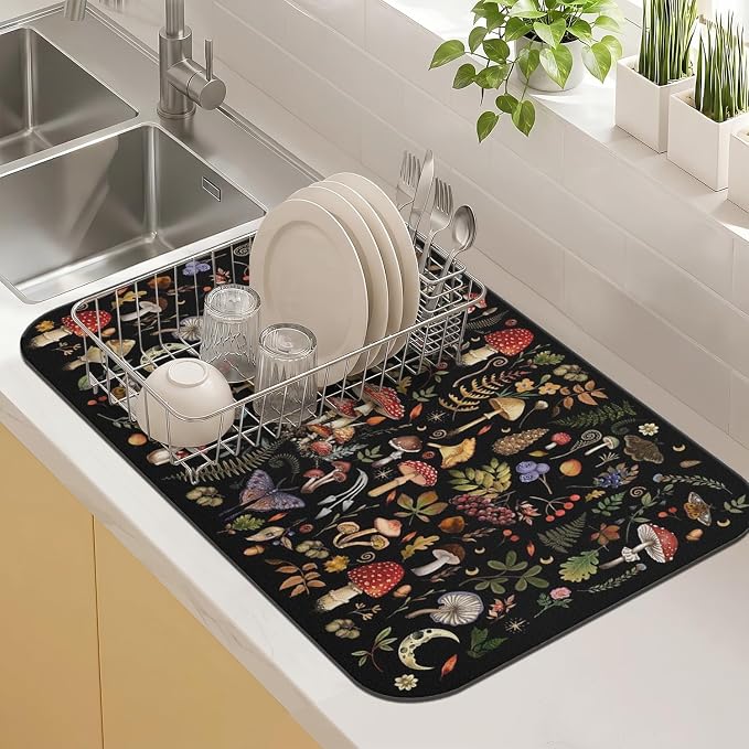 Dish Drying Mat Kitchen Countertop ,Super Absorbent Coffee Bar Mat for Maker Espresso Machine, Anti-Slip Accessories for Kitchen Countertops 19x12 Inch