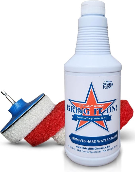 Bring It On Cleaner Hard Water Stain Remover 16 oz | Glass, Soap Scum Remover for Shower Glass, Fiberglass, Windows, Tile and Grout Cleaner, and Includes Scrubbing Drill Pads