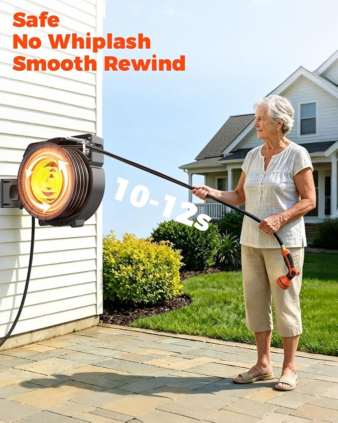 5/8 in 115 ft Retractable Garden Hose Reel with 9-Pattern Sprayer Nozzle | Any Length Lock, Auto Slow Return, 180° Swivel Mount, UV Resistant, Heavy Duty