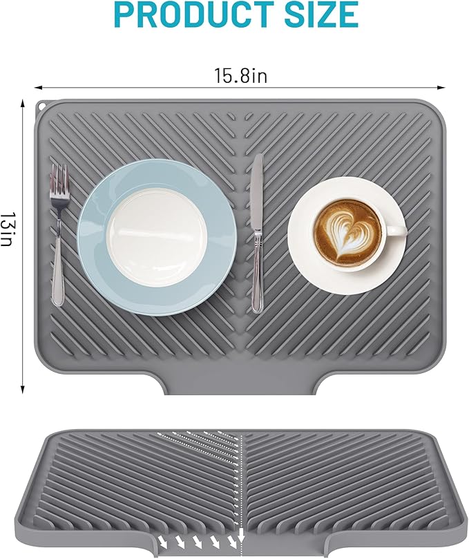 Dish Drying Mat Kitchen Counter - Silicone Dish Drying Pad with Built-in Drain for Sink, Refrigerator and Drawer liner, Easy Clean, Non-Slip, Heat Resistant, 15.8" x 13"