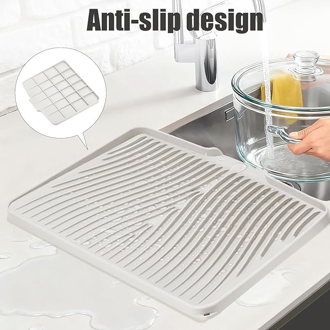 TIKNIK Silicone Dish Drying Mat for Kitchen Counter - Heat Resistant & Non-Slip Dish Drain Pad with Built-In Drain, Dishwasher Safe, Quick-Dry, Hangable & Roll-Up for Storage, Cream-1pcs, 20" x 15"