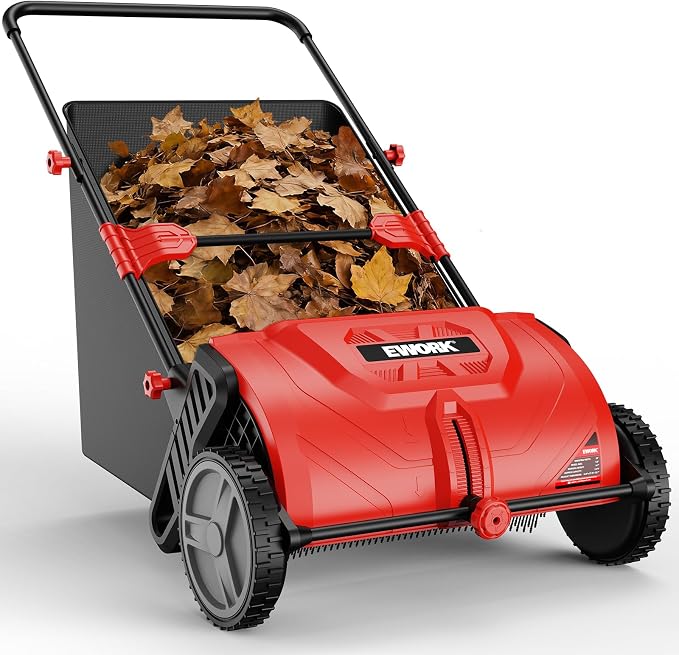 EWORK Push Lawn Sweeper, 26-INCH Leaf Sweeper for Lawn Push with 3.5 cu.ft.Hopper Bag, Adjustable Brush Height, Lightweight Walk Behind Lawnsweeper & Leaf Collector for Yard & Garden Clean