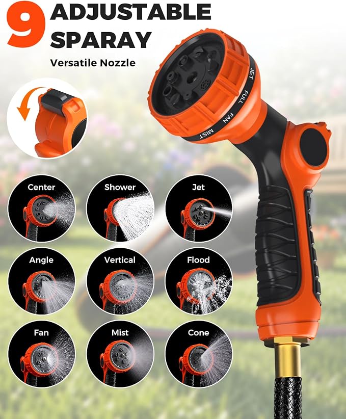 5/8 in 100ft Retractable Garden Hose Reel with Any-Length Lock Slow Auto Rewind Heavy Duty Water Hose Reel With 9-Pattern Nozzle 180° Swivel Bracket UV Resistant Wall Mounted Hose Reel for Outside