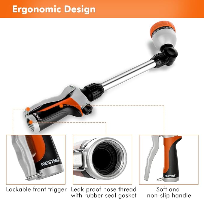 RESTMO Heavy Duty Metal Hose Wand, Watering Wand for Garden Hose | 180° Swivel Ratcheting Head, 16'' Hose Sprayer, 7 Spray Patterns, Flow Control, Ideal for Hanging Baskets & Shrubs, Orange