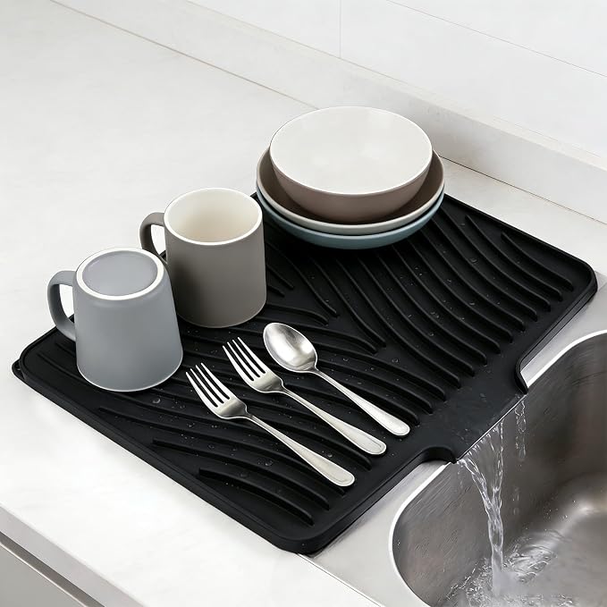 Silicone Dish Drying Mat 16x13,Food-Grade Silicone,Easy Clean Pad for Countertop Protection,Heat Resistant,Easy Clean,Non-Slip Drain Pad with Built-in Drain,Multi-Functional Use,Black