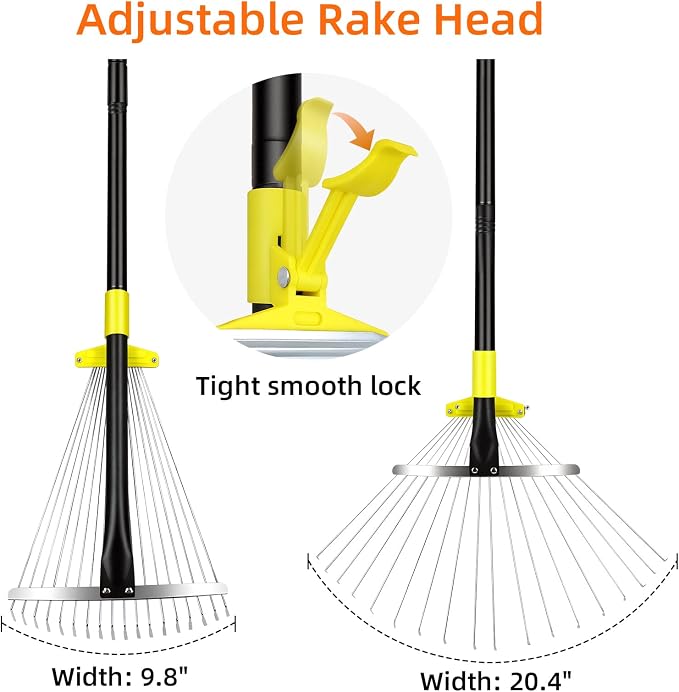 Byhargen Adjustable Metal Leaf Rake, Heavy Duty Garden Rake with Wide & Narrow Modes, Rustproof Steel Head, Adjustable Handle for Lawn Care, Yard Clean Up, and Mulch Spreading