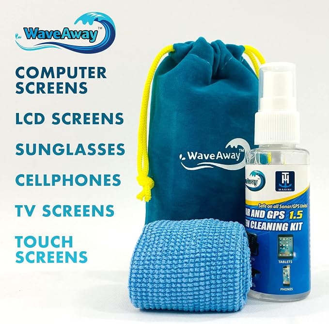 T-H Marine Wave Away Sonar & GPS Screen Cleaner Kit – Ammonia-Free LCD Screen Cleaner with Microfiber Cloth – Drip-Resistant, Streak-Free Solution for Electronics & Sunglasses – 1.5oz