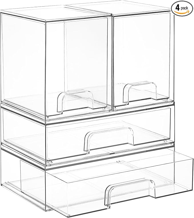 Vtopmart Clear Stackable Storage Drawers Set of 4, Plastic Organizer Bins for Makeup, Cosmetics, Beauty Supplies,Ideal for Vanity, Bathroom,Cabinet,Pantry Organization