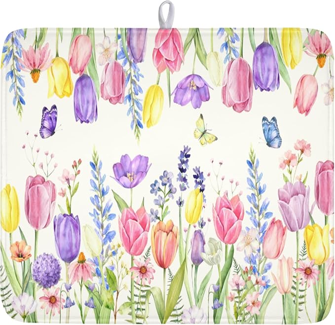 Spring Floral Dish Drying Mat for Kitchen Counter Easter Tulip Lavender Flower Microfiber Dish Drainer Mat Rustic Farmhouse Absorbent Washable Drying Pad 16"x18"