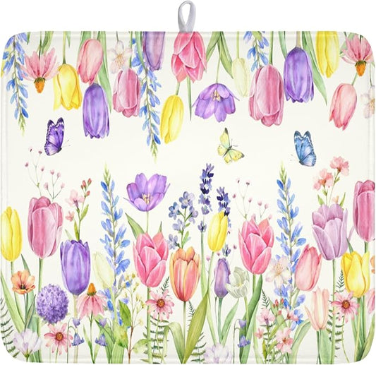 Spring Floral Dish Drying Mat for Kitchen Counter Easter Tulip Lavender Flower Microfiber Dish Drainer Mat Rustic Farmhouse Absorbent Washable Drying Pad 16"x18"