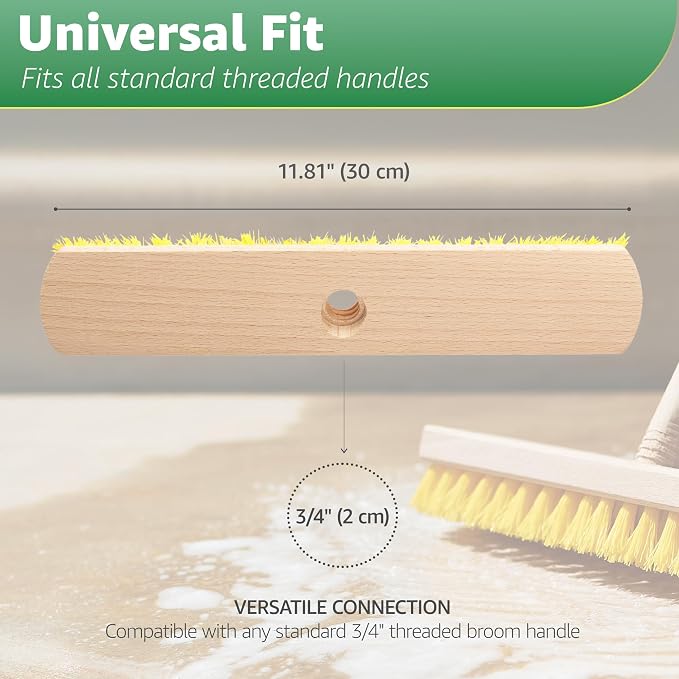 Deck Scrub Brush Head 11.81" - Deck Brush for Scrubbing Heavy Duty, Scrub Broom Head with Hard Nylon Bristles, Concrete Brush, Outdoor Stiff Bristle Brush for Cleaning Wooden Deck, Floor, Garage