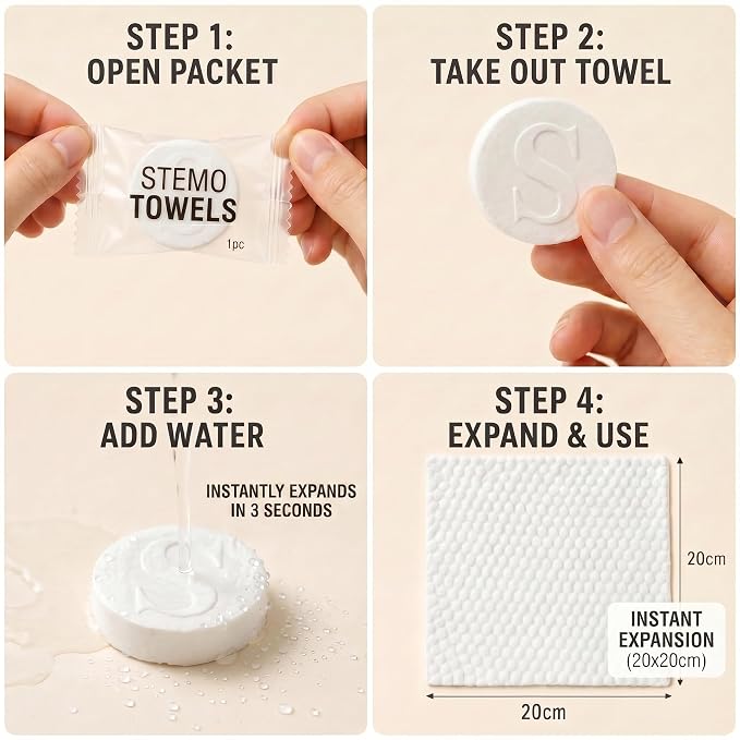 50 PCS Compressed Towels Bulk – Coin Tissue Tablets for Travel, Camping & Hiking – Portable Disposable Face Wipes, Mini Expanding Hand Towels (20x20cm) for Gym, Hotel, Makeup & Home Cleaning