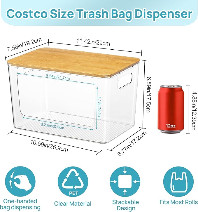 Vtopmart 2 Pack Trash Bag Holder with Bamboo Lid, Stackable Garbage Bag Dispenser for 13/30/33 Gallon Bags, Clear Organizer Bins for Under Kitchen Sink, Laundry Room Organization and Storage